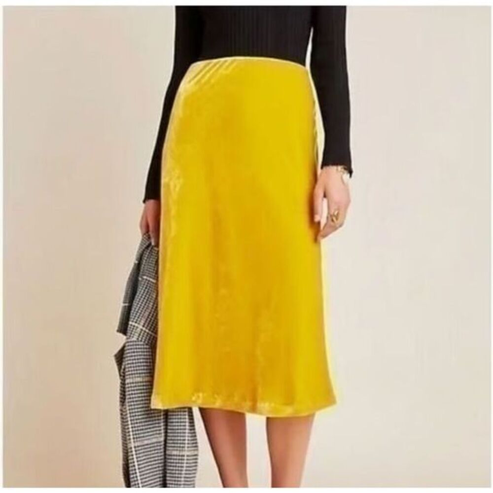 Maeve by Anthropologie Midi Slip Skirt Small Golden Yellow Kelly Velvet A-Line